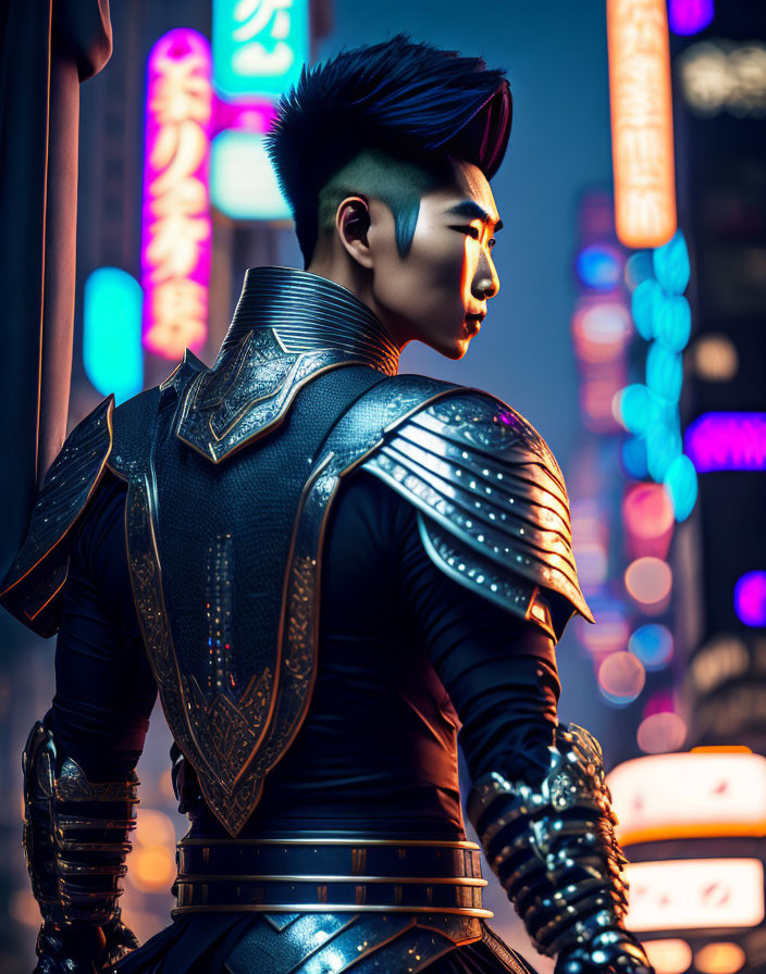 Modern Mohawk Hairstyle in Futuristic Armor on Neon-Lit Street