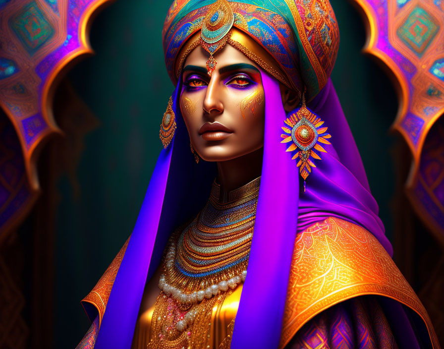 Colorful portrait of a woman in blue and gold turban and regal purple garment