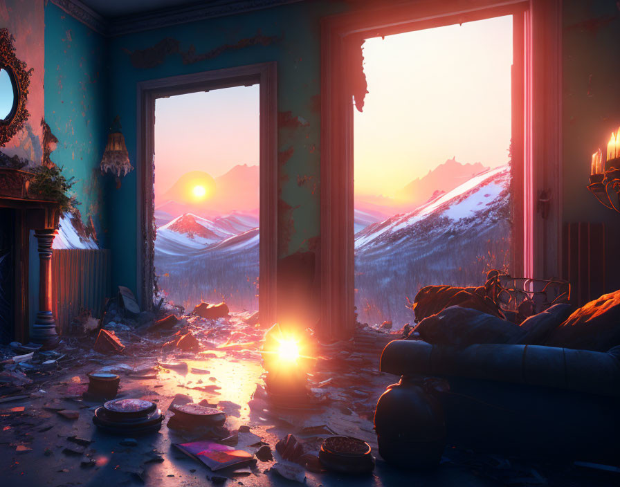 Abandoned room with peeling blue walls, snowy mountain view, debris, and candle