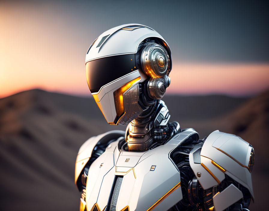 Futuristic white and gold robot in desert sunset