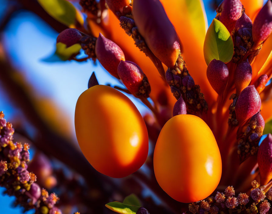 Bright Orange Berries and Purple Flowers Against Blue Sky