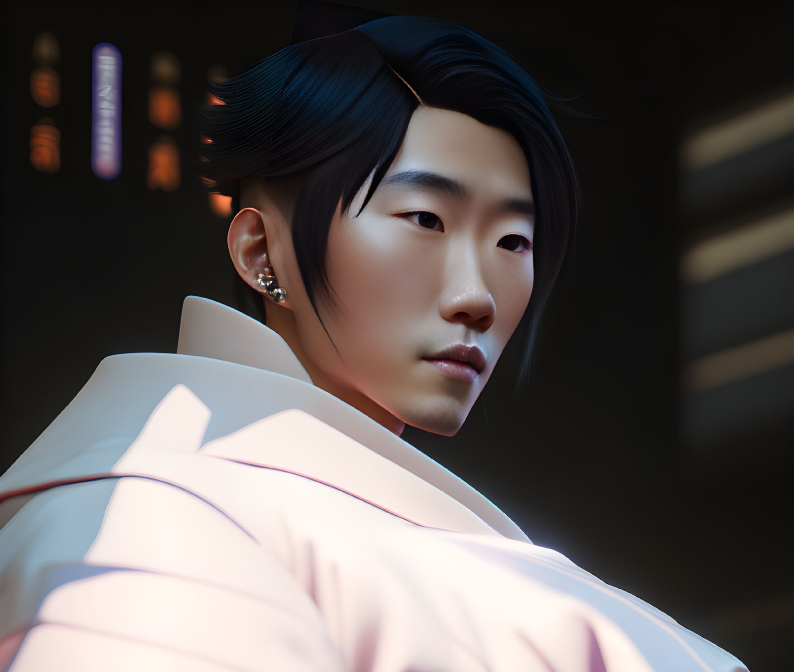 Digital art portrait of Asian man with earring and styled hair in light jacket against dark background