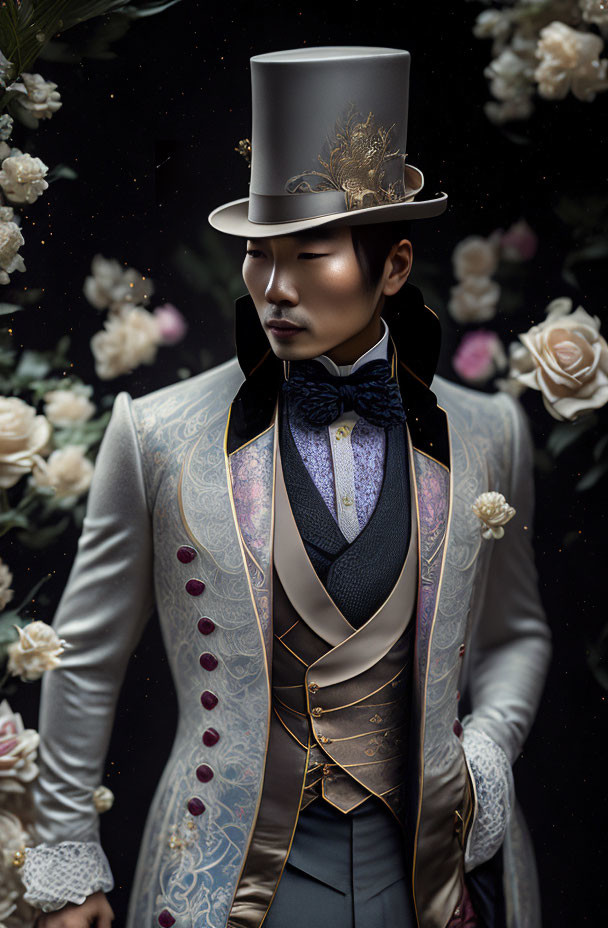 Elegantly dressed person in decorated top hat and white jacket among white flowers