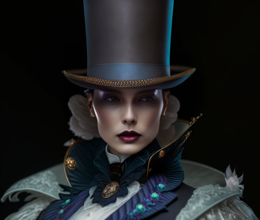 Portrait of a person in dramatic makeup and high top hat with elegant, theatrical style