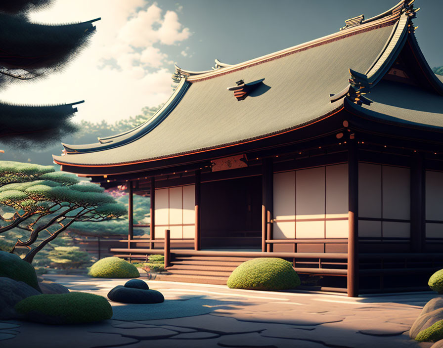 Traditional Japanese building with curved roof in serene garden