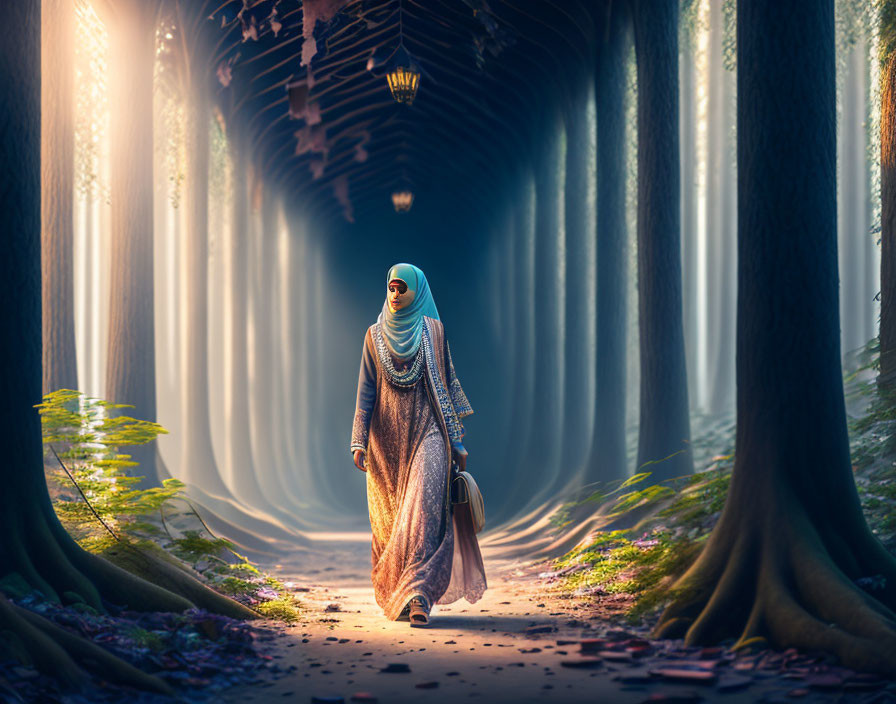 Woman in hijab walking in forest with sunbeams, holding suitcase, gazing at "WH