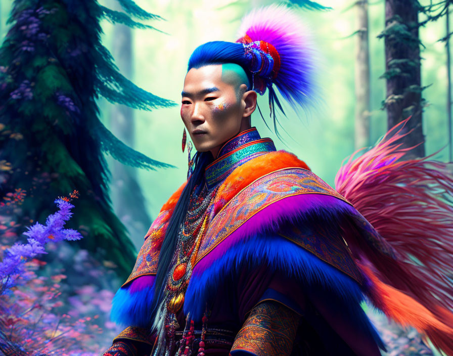 Vibrant depiction of a man with blue hair in ornate attire amid an ethereal forest