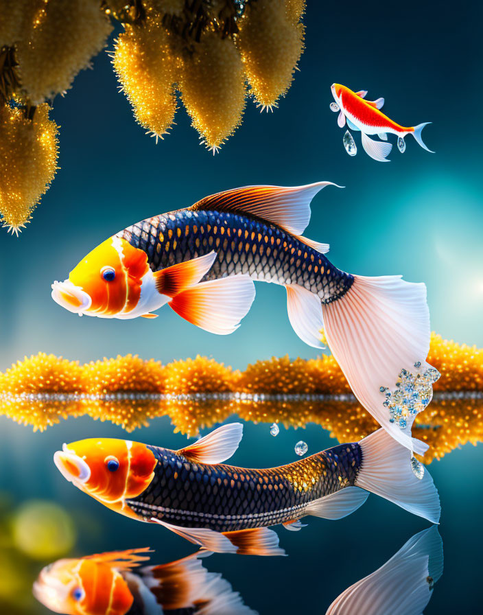 Colorful digital artwork: Ornamental fish in reflective water with bubbles and golden foliage