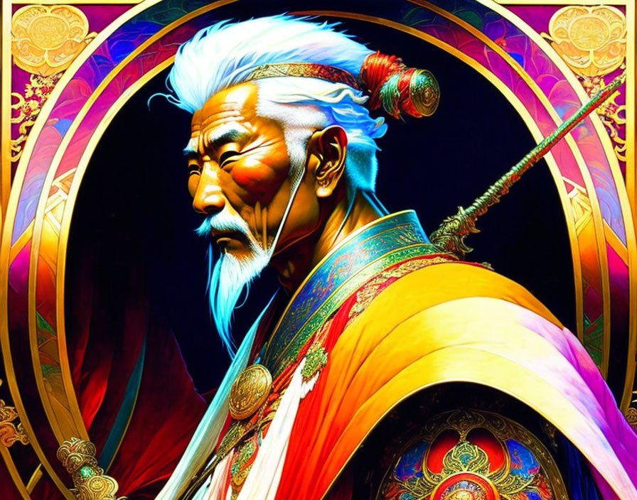 Elderly Asian warrior with spear in traditional armor and headband on vibrant circular backdrop