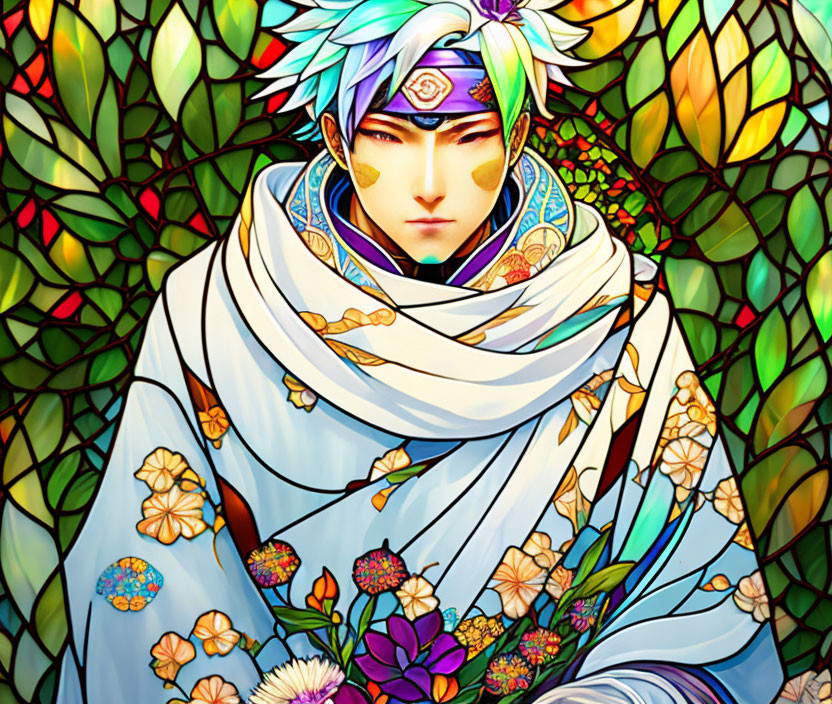 White-Haired Anime Character with Blue Highlights in Floral Headpiece Against Stained Glass Background