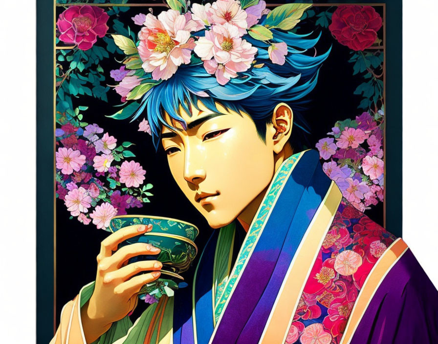 Person with Blue Hair in Traditional Attire Holding Cup and Flowers