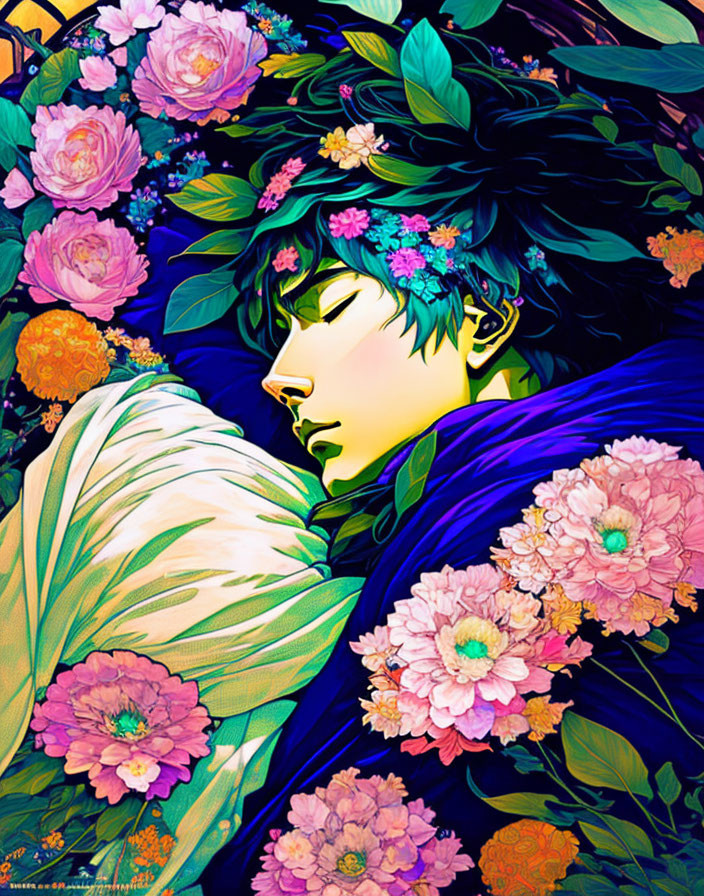 Vibrant digital illustration of person sleeping among colorful flowers and leaves