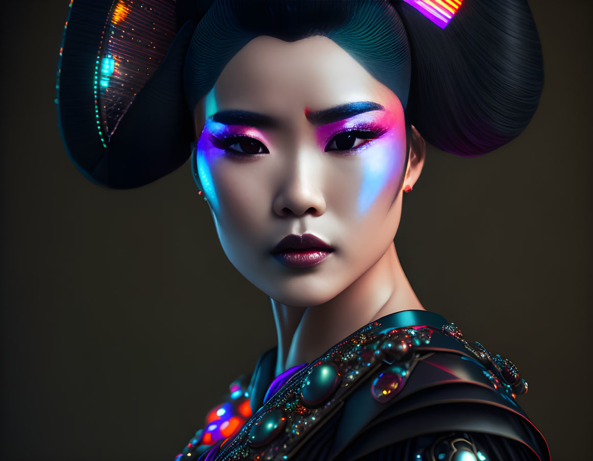 Vibrant digital artwork of woman in futuristic geisha-inspired attire