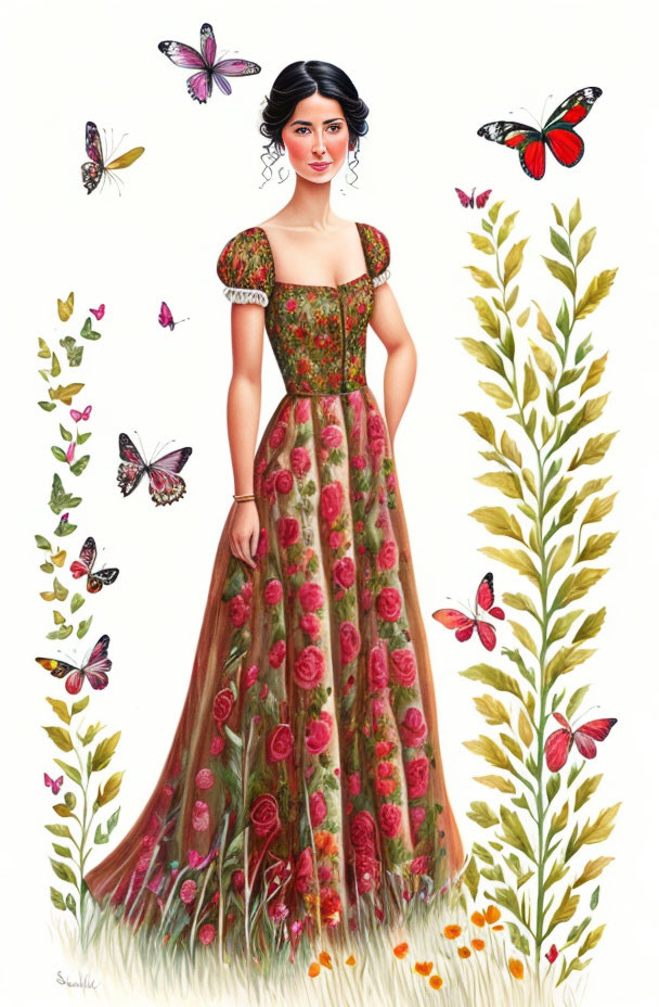 Illustration of woman in floral dress with butterflies and plants