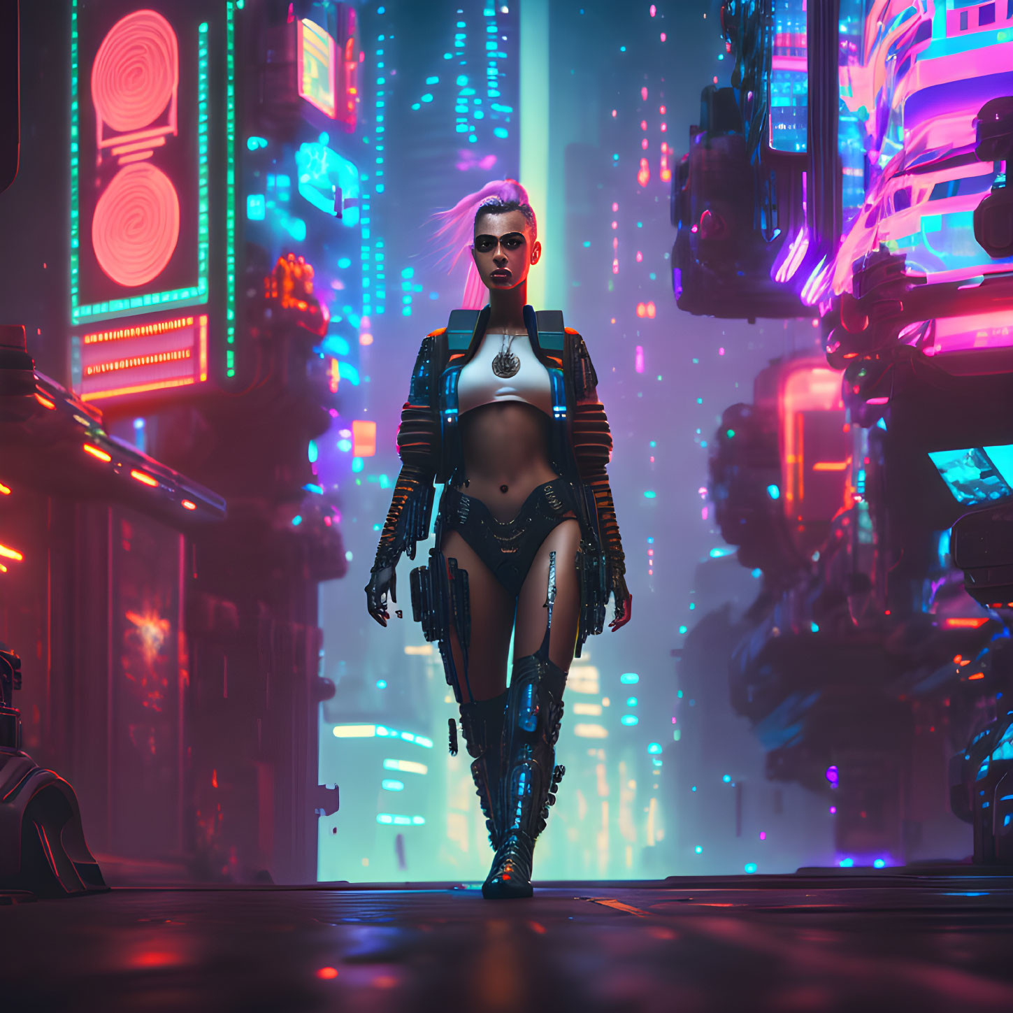 White-haired female cyborg in neon-lit urban alley at night