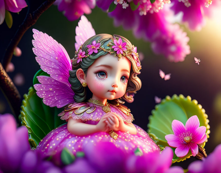 Whimsical fairy with butterfly wings in pink dress among vibrant flowers