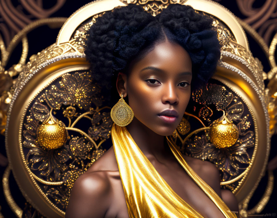 Portrait of woman with Afro hairstyle and golden ornaments against metallic backdrop