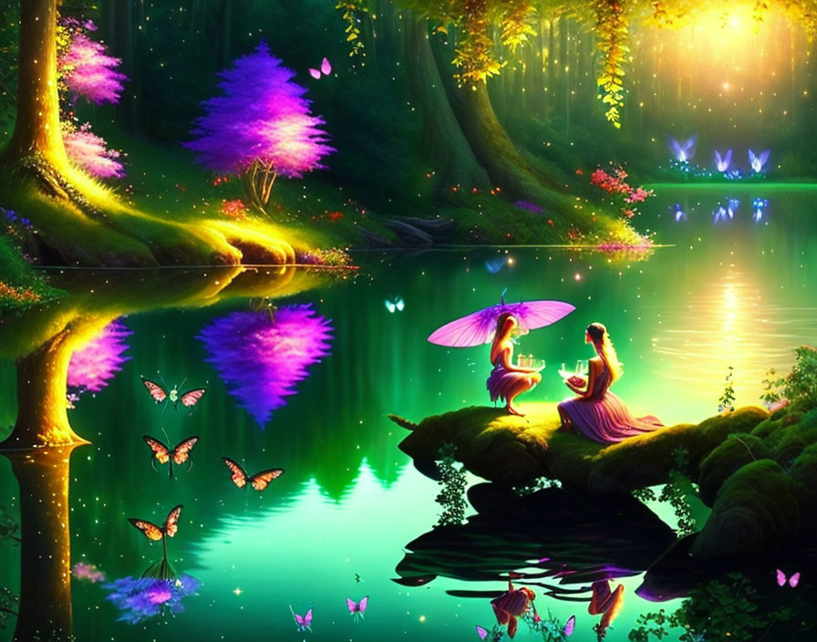 Animated characters in mystical forest with luminescent trees and butterflies near reflective lake.