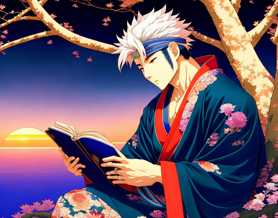 Spiked hair animated character in blue and red robe reading under cherry blossom tree at sunset