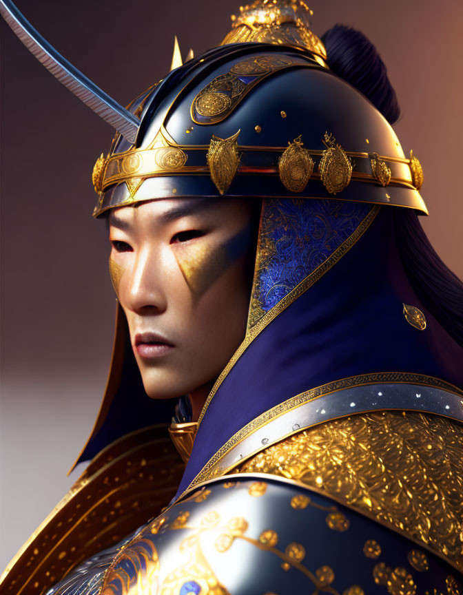 Detailed 3D illustration of East Asian warrior in ornate traditional armor