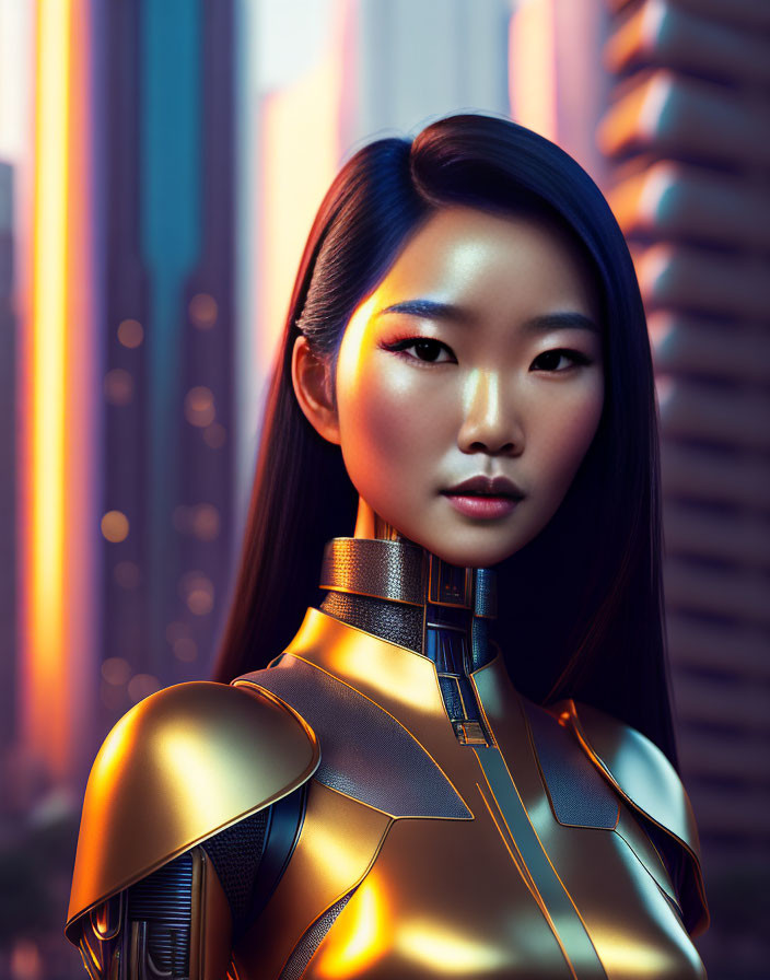 Asian woman in futuristic gold and black armor against neon cityscape