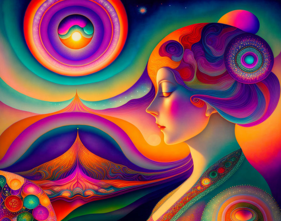 Colorful Psychedelic Woman Profile Illustration with Abstract Shapes