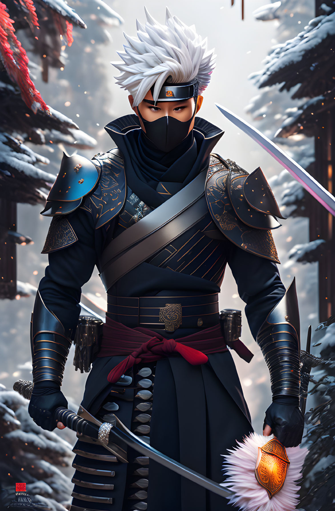 Animated warrior in black and blue armor with pink katana in snowy landscape holding pink flower