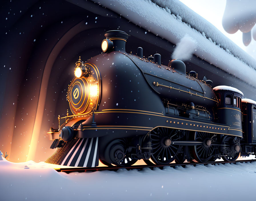 Vintage Steam Train Exiting Snowy Tunnel with Glowing Lanterns