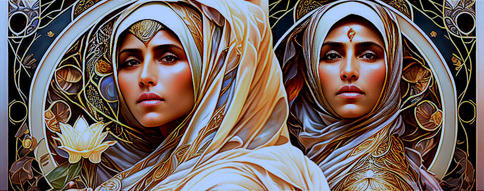 Symmetrical portraits of woman in hijab with art nouveau motifs and lotus flower.