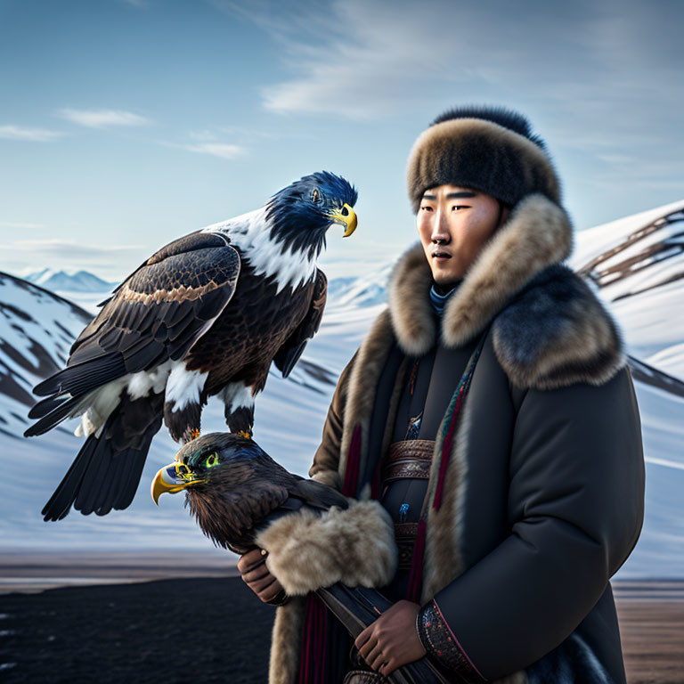 Person in traditional attire with eagles in snowy mountain landscape