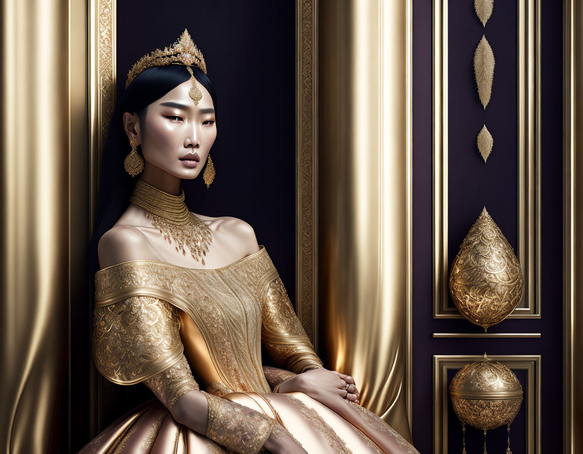 Luxurious golden attire and regal pose against opulent backdrop