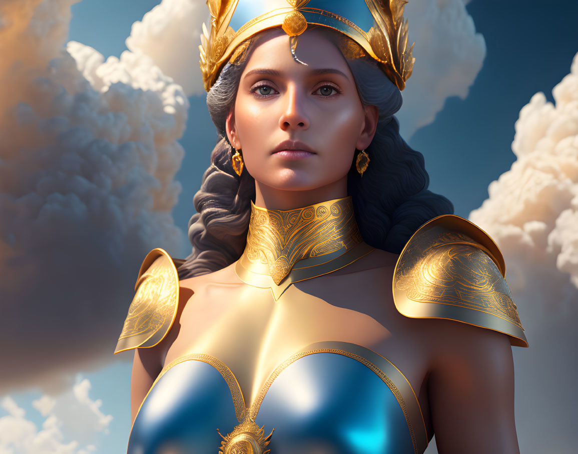 3D rendered portrait of woman in golden armor with dramatic clouds