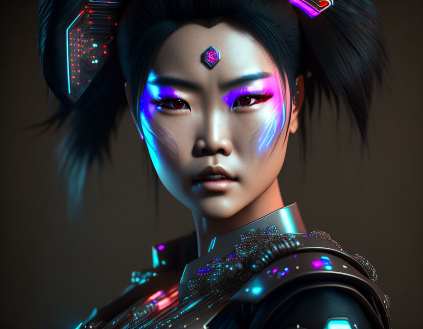 Futuristic digital artwork of a woman with cybernetic enhancements