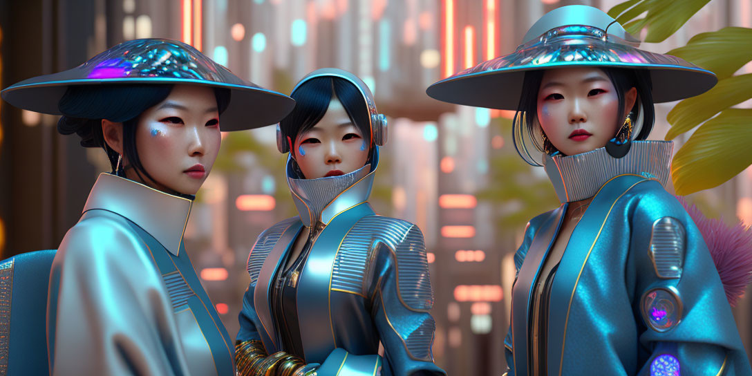 Three women in iridescent blue outfits and wide-brimmed hats pose in neon-lit city