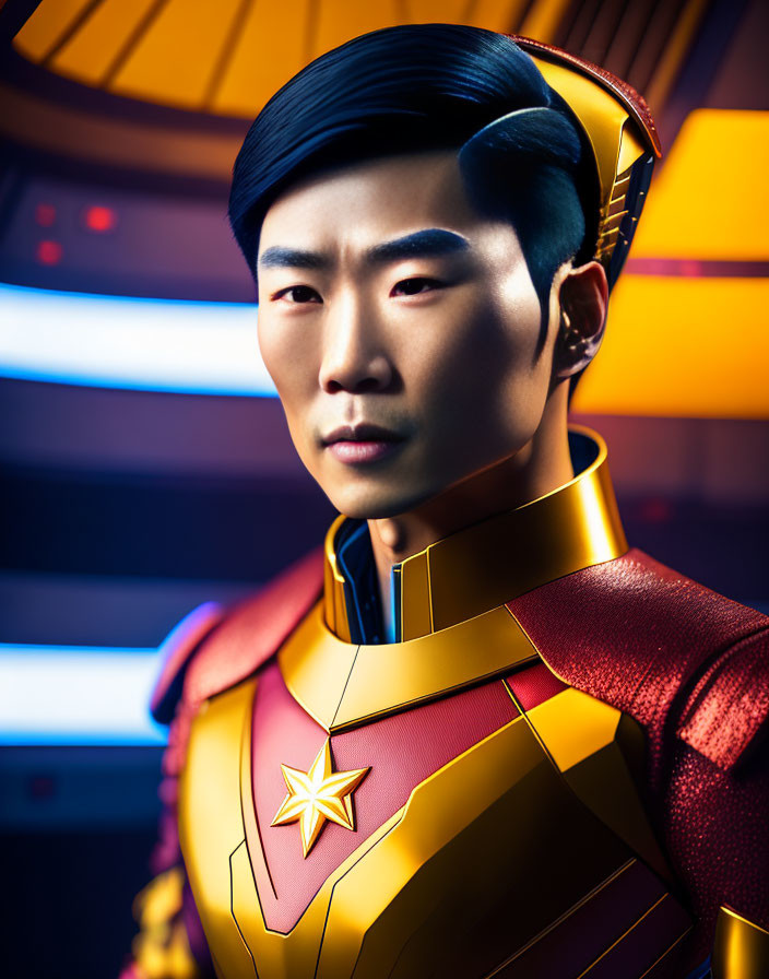 Superhero in Red and Gold Costume with Star Emblem in Futuristic Setting