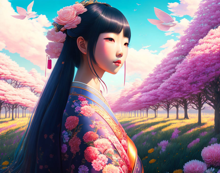 Illustrated woman in floral kimono among cherry blossoms