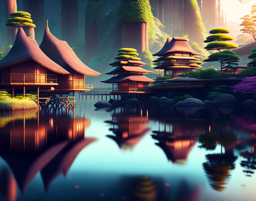 Japanese-style Buildings Reflecting in Calm Lake with Stylized Trees & Hills