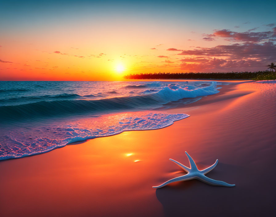 Starfish on Shore under Vibrant Sunset Sky with Palm Tree Silhouette