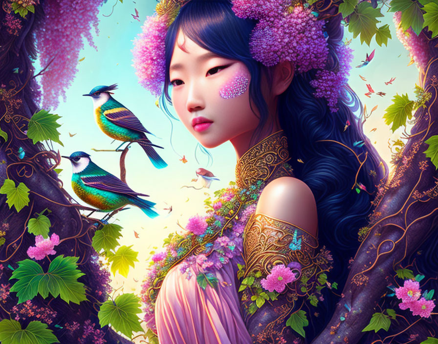 Woman in ornate attire with lush flora and vibrant birds in serene digital artwork