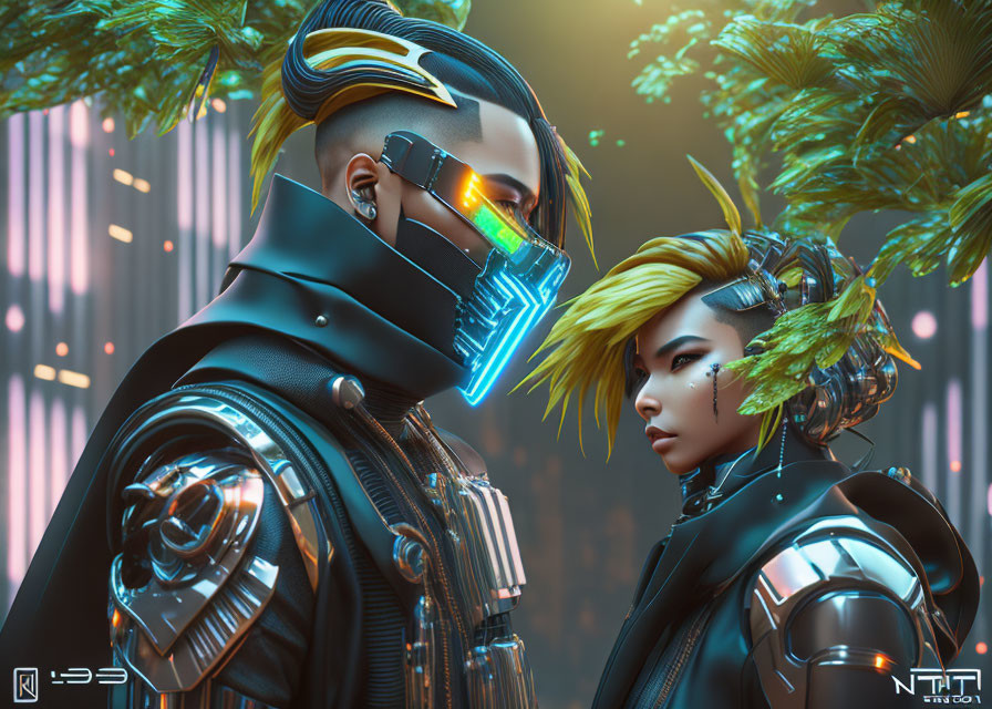 Futuristic cyberpunk characters in stylish outfits amidst neon-lit urban foliage