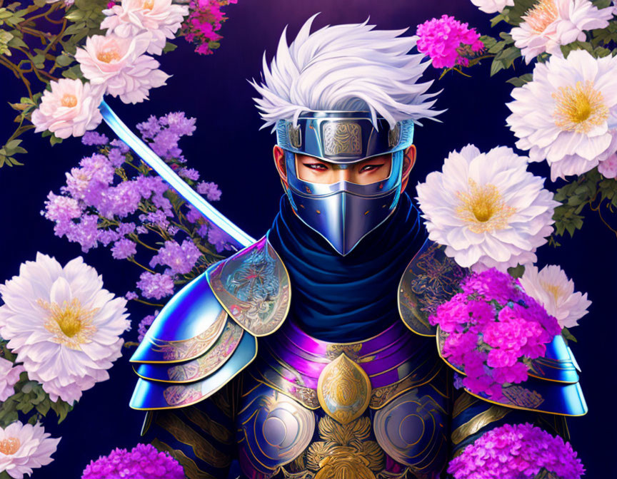 Warrior in Blue Armor Surrounded by Pink and White Flowers