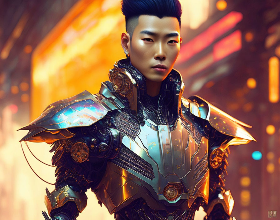 Blue Mohawk Wearing Futuristic Armor in Neon-lit Scene