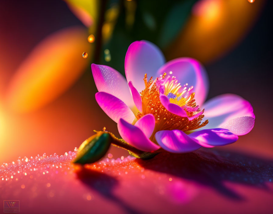 Close-up of dewy pink flower in soft light