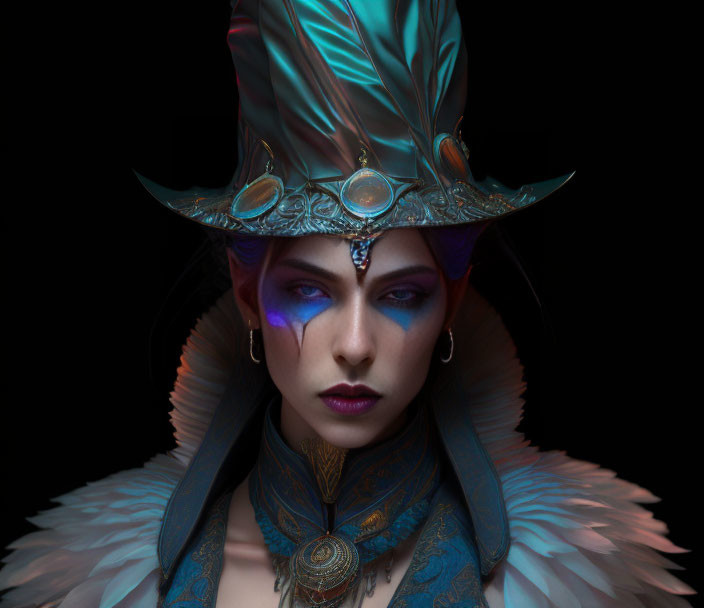 Elaborate feathered costume and metallic hat with gemstones on woman