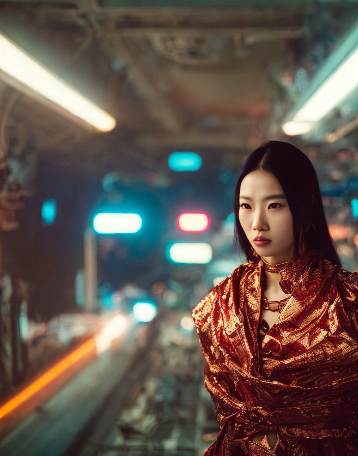 Woman in Gold Dress in Neon-Lit Subway Tunnel with Passing Train