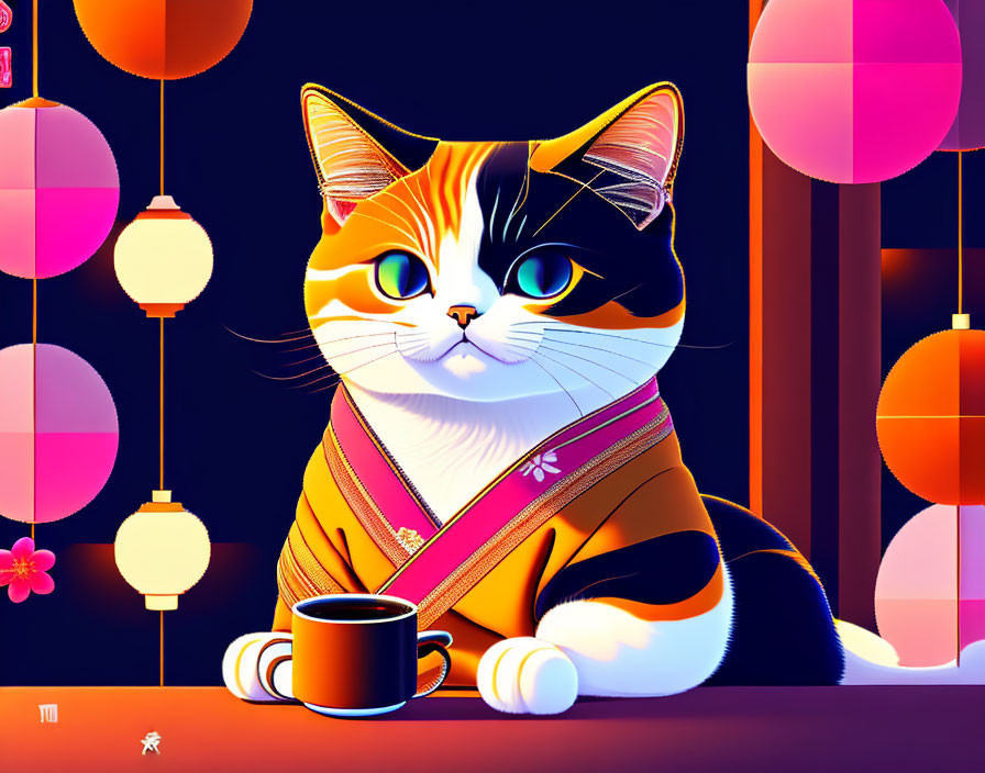 Calico cat in kimono with tea by lanterns