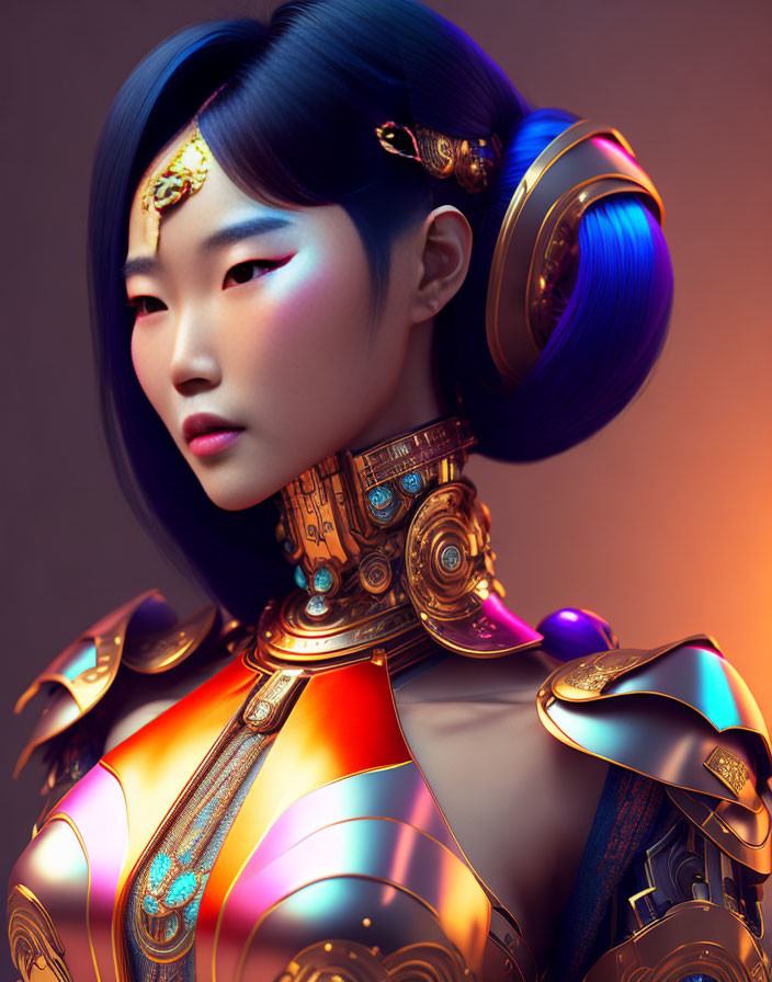 Colorful Futuristic Portrait of Woman with Robot-like Neckpiece