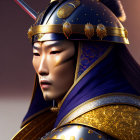 Detailed 3D illustration of East Asian warrior in ornate traditional armor