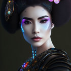 Vibrant digital artwork of woman in futuristic geisha-inspired attire