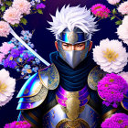 Warrior in Blue Armor Surrounded by Pink and White Flowers